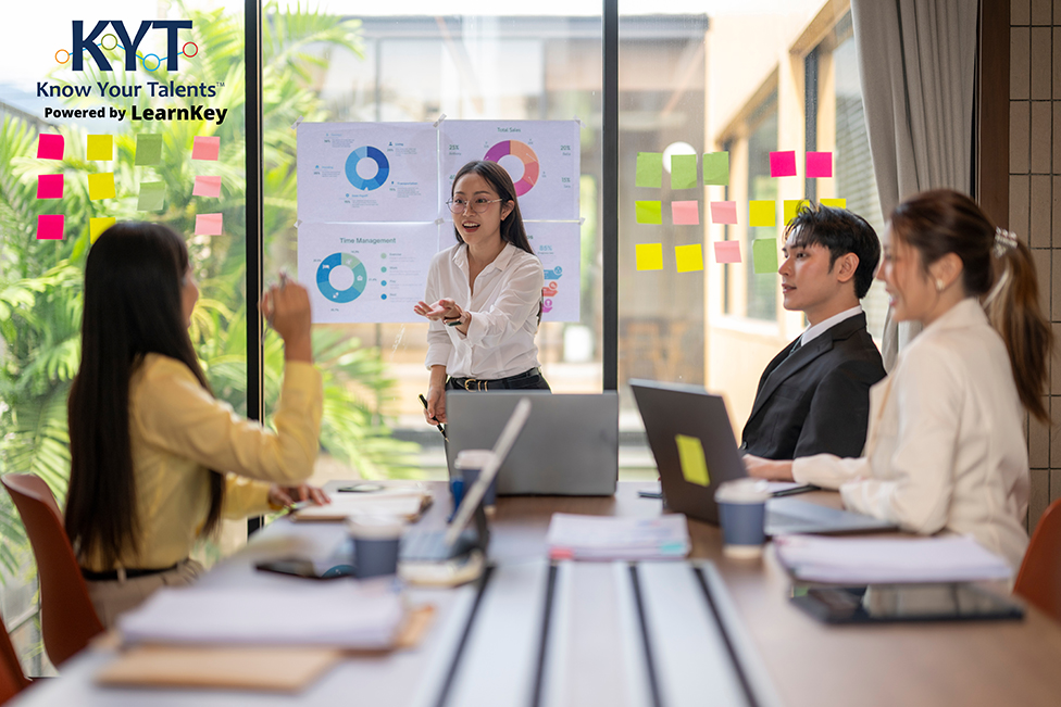 Facilitator leads a small team review of people-data charts and sticky-note plans, with the KYT Powered by LearnKey logo on the glass wall.