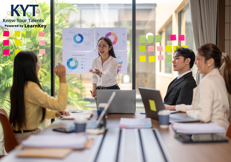 Facilitator leads a small team review of people-data charts and sticky-note plans, with the KYT Powered by LearnKey logo on the glass wall.